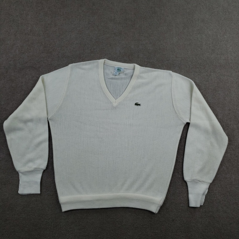 Vintage Izod Lacoste Sweater Mens Large Off White V-Neck Pullover Tight-Knit